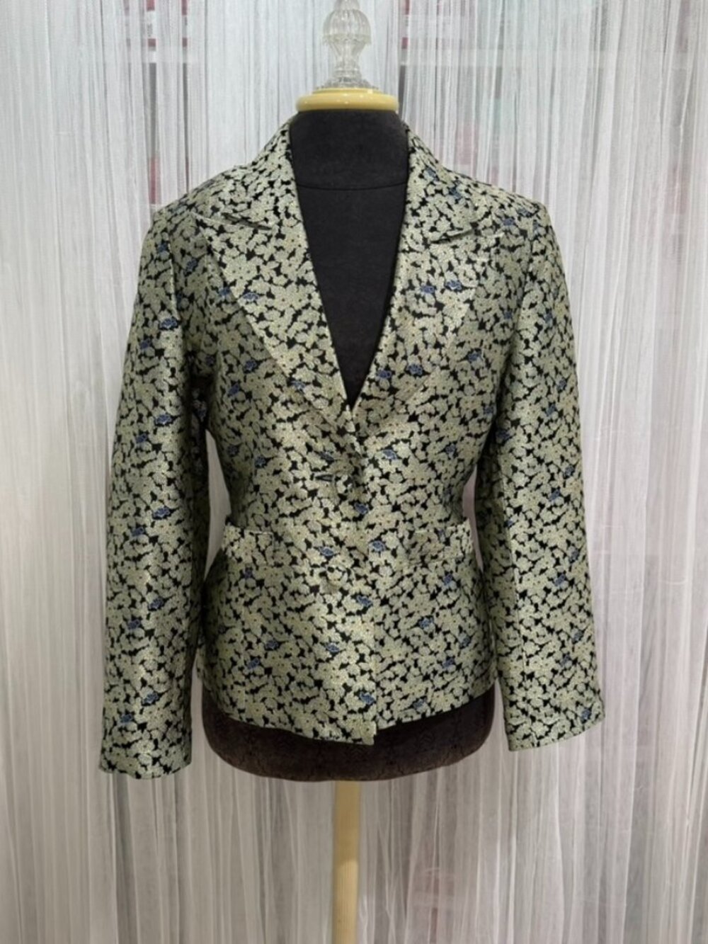 Vintage Christian Lu 90s Silk Rayon Floral Jacquard Fitted Blazer Jacket 40